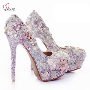 CACARE Luxury Wedding Shoes Pearl Flowers Full Rhinestones Pearl Platform High Heels Hand-made Bridal Shoes Cinderella