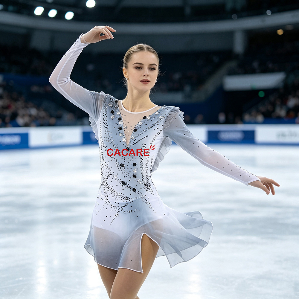 Female foreign model wearing gradient rhinestone figure skating dress performing on ice rink, professional competition ice dance costume with long sleeve mesh and short split skirt