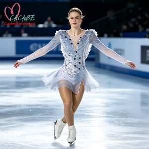 figure skating competition dress covered with black and silver rhinestones, short split flowy skirt professional ice dance costume for women skaters